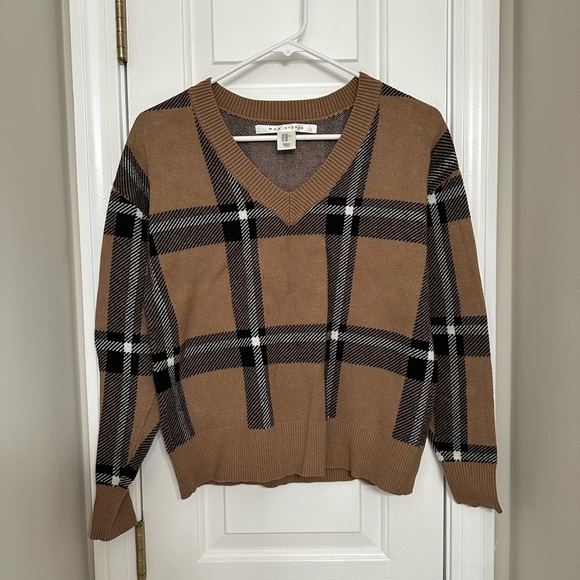 Max Studio Women’s Pullover V Neck Sweater XS Brown Plaid Long Sleeve Knit Top - Picture 1 of 6